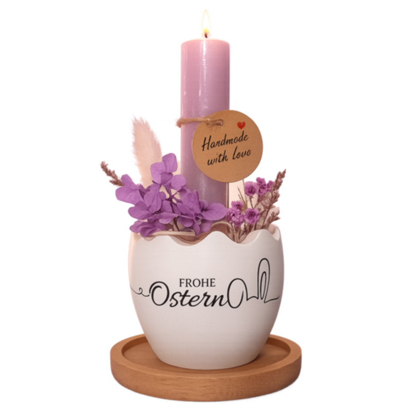 Preview: Osternest Lila mit Kerze auf Bambusteller dekoriert mit Trockenblumen kaufen